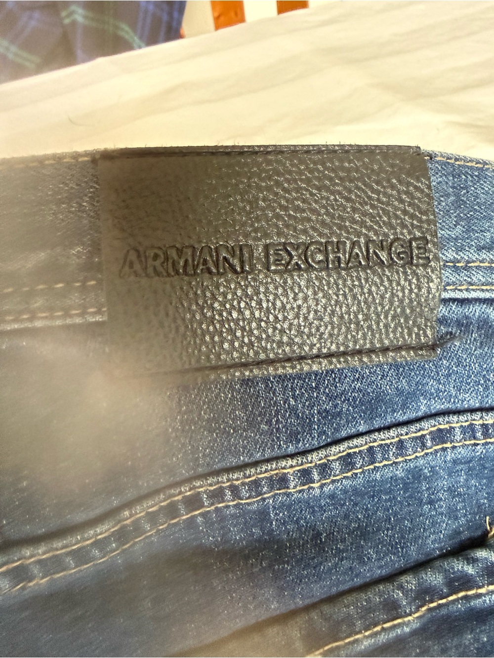 Armani Exchange Slim Jeans in Dark Blue with Black Leather Patch Size 36x30